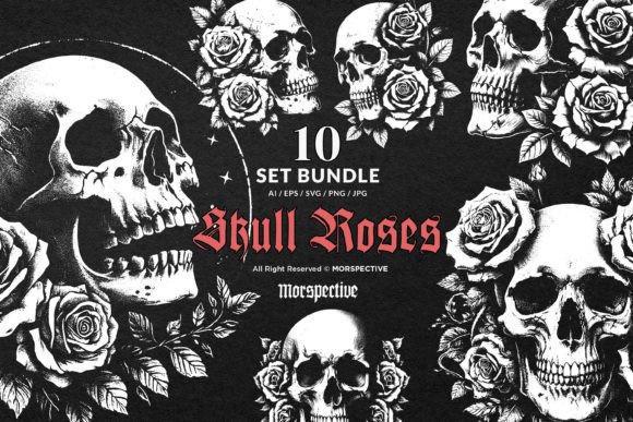 10 Bundle Dark Art Skull Roses Flower Graphics