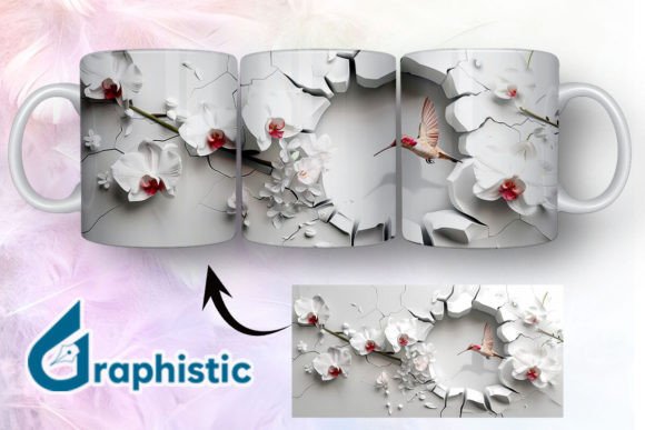 3D Hummingbird Flowers Mug Wrap 02 Graphics