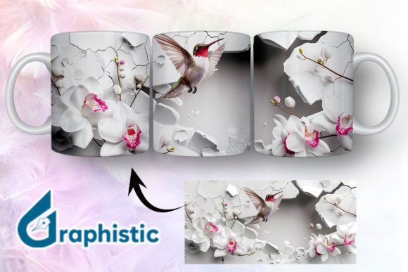 3D Hummingbird Flowers Mug Wrap 05 Graphics