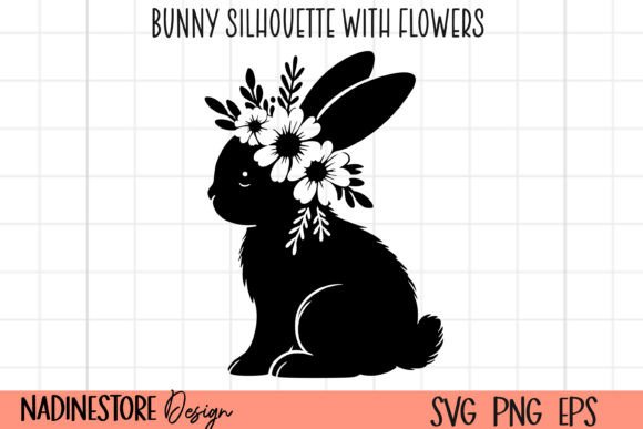 Baby Bunny Silhouette with Flowers SVG