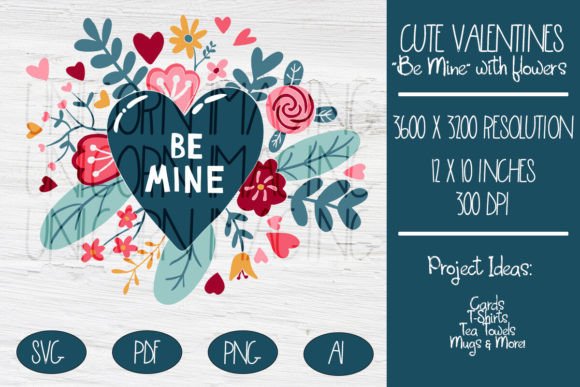 Be Mine, Valentines Heart with Flowers Graphics
