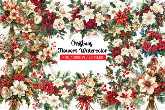 Christmas Flowers Watercolor Clipart Bun Graphics
