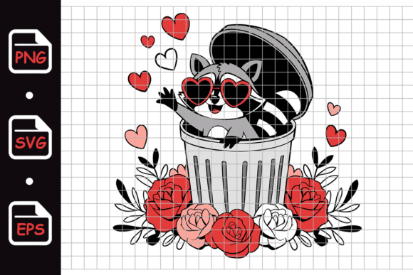 Cute Raccoon in Roses Trash Can Heart Graphics