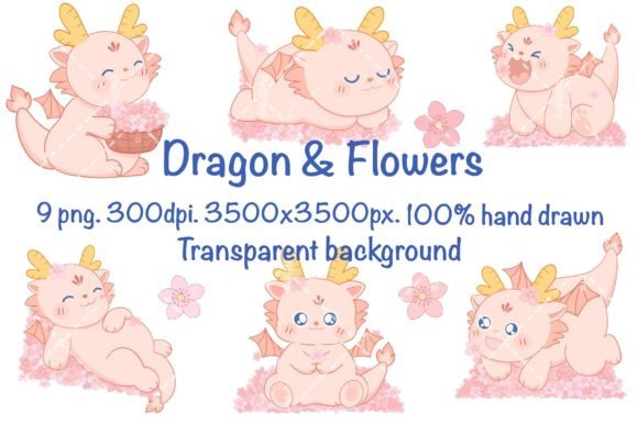 Dragon Flowers Illustrations, Fantasy Graphics