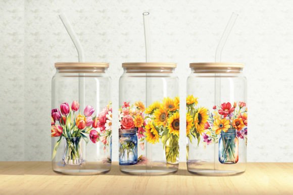 Flowers 16oz Glass Can Tumbler Wrap Graphics