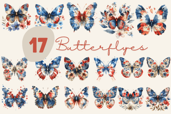 Patriotic Butterfly Flowers Watercolor