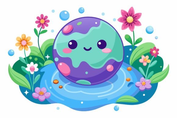 Planet Cartoon with Flowers on a Background Graphics