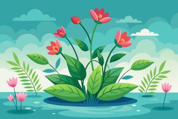 Plant with Flowers on a Background Water Graphics
