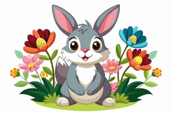 Rabbit Cartoon with Flowers on a Background