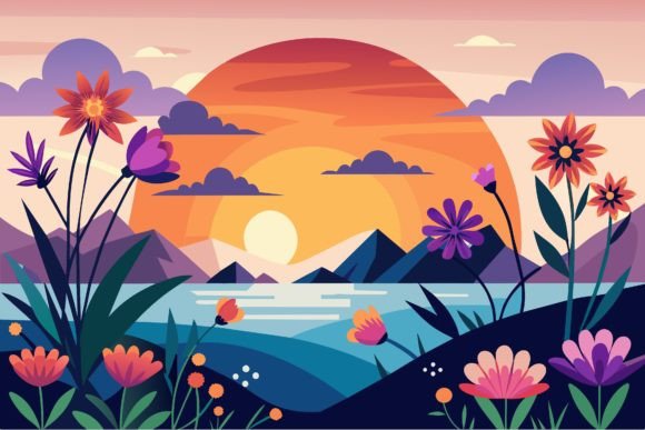 Sunset with Flowers on a Background Graphics