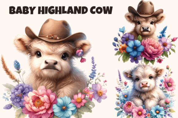 Watercolor Flowers Highland Cows Graphics for Local Branding