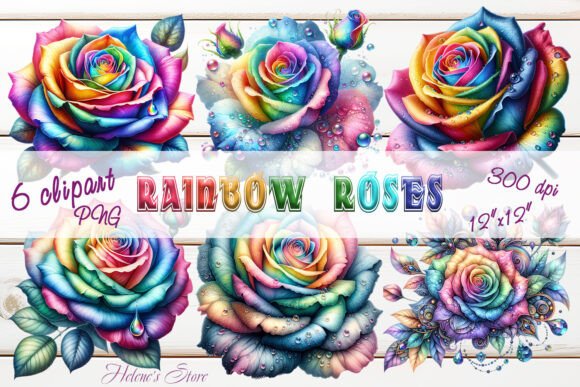 Watercolor Rainbow Roses Graphics for Digital Sellers